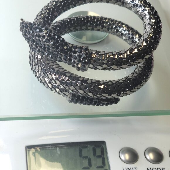 Vintage Mesh Black Rhinestone 3 Coil Serpent SIlver Snake Bracelet - Picture 11 of 12